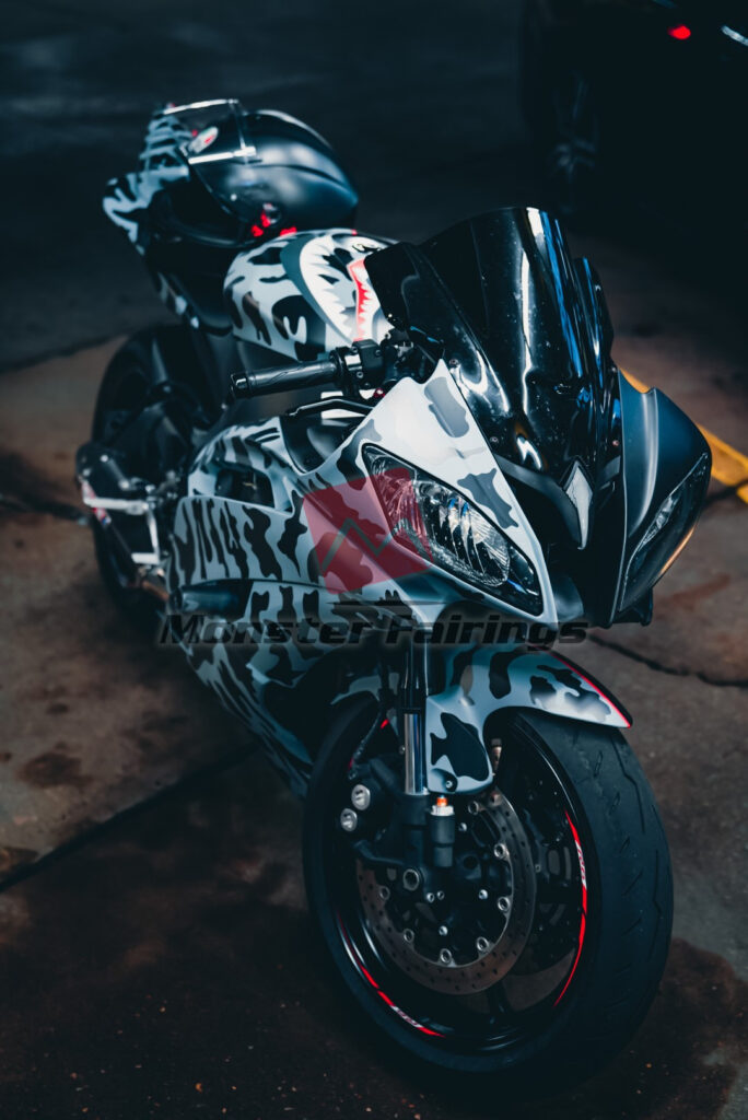 Monster Fairings ABS fairing kit for Yamaha R6 2008 - 2016 - Matte Black & Gloss Camo Monster, precise OEM fit