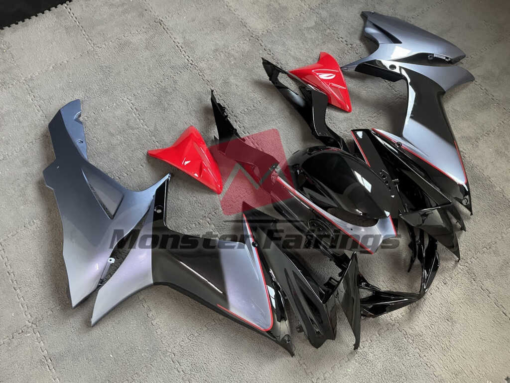 Suzuki GSXR 600 - 750 custom ABS fairings 2011 - 2025 in Shiny Grey Black Red - durable replacement kit, Monster Fairings