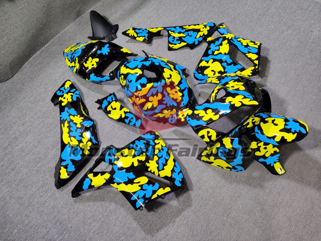 2005 - 2006 Honda CBR600RR Gloss Yellow & Blue Camo fairing set - ABS injection, custom painted by Monster Fairings