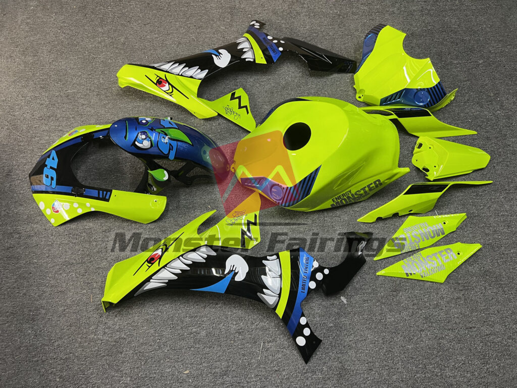2015 - 2019 Yamaha R1 Gloss High Vis Yellow Black & Blue Shark fairing set - ABS injection, custom painted by Monster Fairings