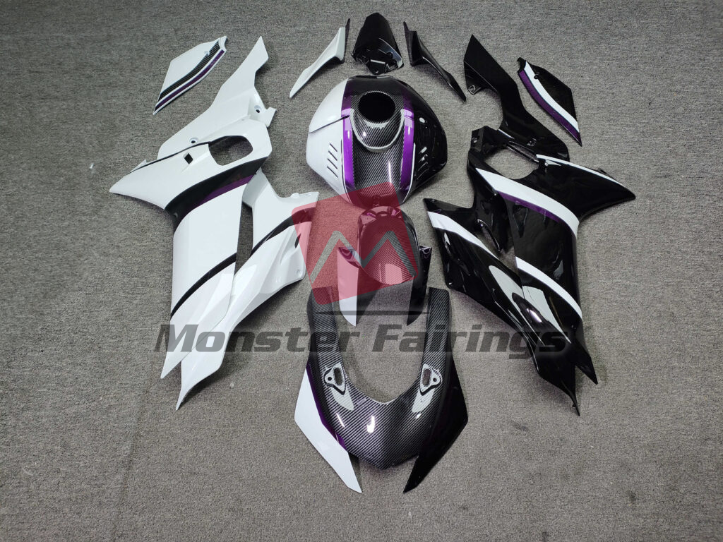 Yamaha R6 2017 - 2022 Gloss White & Black Split Carbon Fiber Style ABS fairings - custom motorcycle bodywork kit by Monster Fairings
