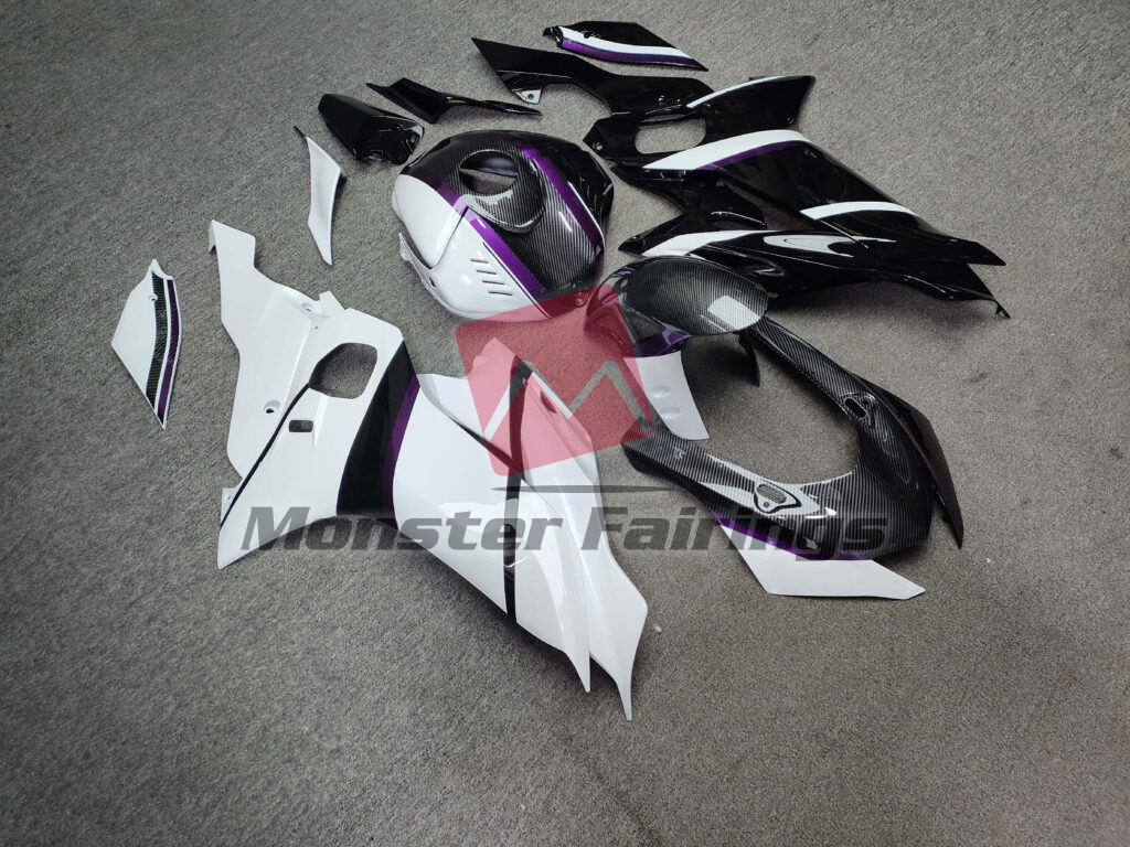 2017 - 2022 Yamaha R6 Gloss White & Black Split Carbon Fiber Style fairing set - ABS injection, custom painted by Monster Fairings