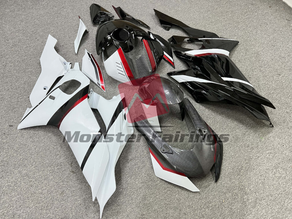 2017 - 2022 Yamaha R6 Split Carbon Style Red Trim fairing set - ABS injection, custom painted by Monster Fairings