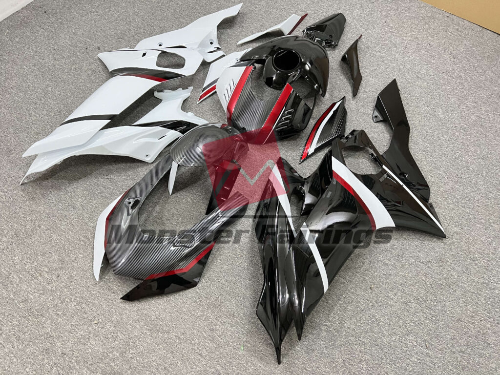 Yamaha R6 custom ABS fairings 2017 - 2022 in Split Carbon Style Red Trim - durable replacement kit, Monster Fairings