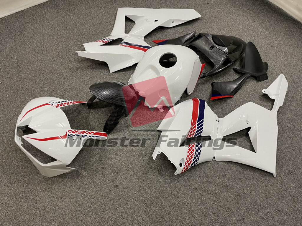 2013 - 2025 Honda CBR600RR Gloss White Carbon Fiber Style Accents fairing set - ABS injection, custom painted by Monster Fairings