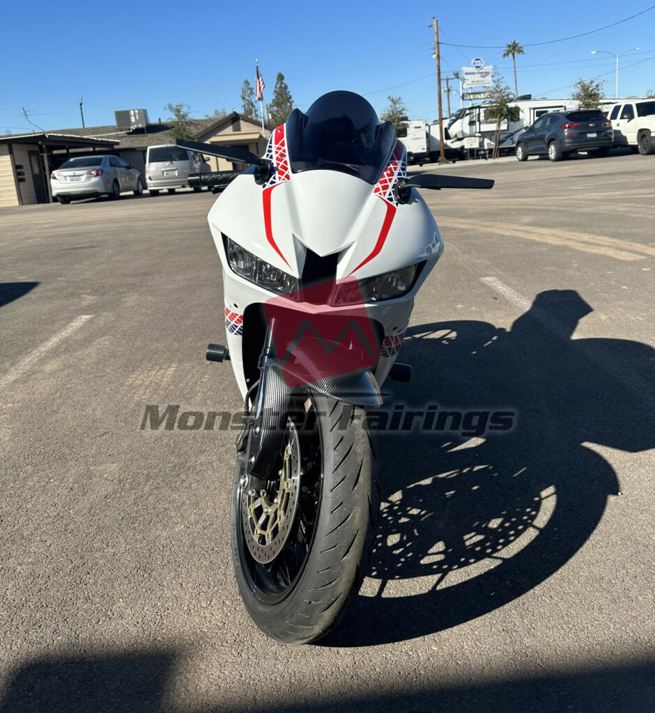 Honda CBR600RR 2013 - 2025 ABS fairings, Gloss White Carbon Fiber Style Accents - high - quality motorcycle kit by Monster Fairings