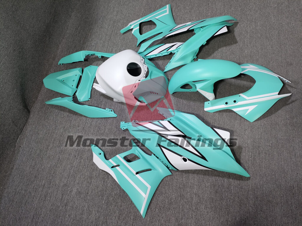 2022 - 2024 Yamaha R3 Matte Mint & White Black fairing set - ABS injection, custom painted by Monster Fairings