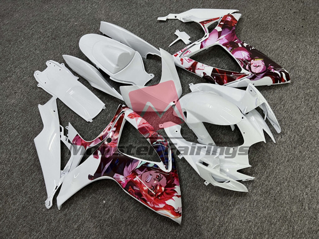 Gloss White Anime Design ABS fairings for Suzuki GSXR 600 - 750 2006 - 2007 - premium OEM fit kit by Monster Fairings