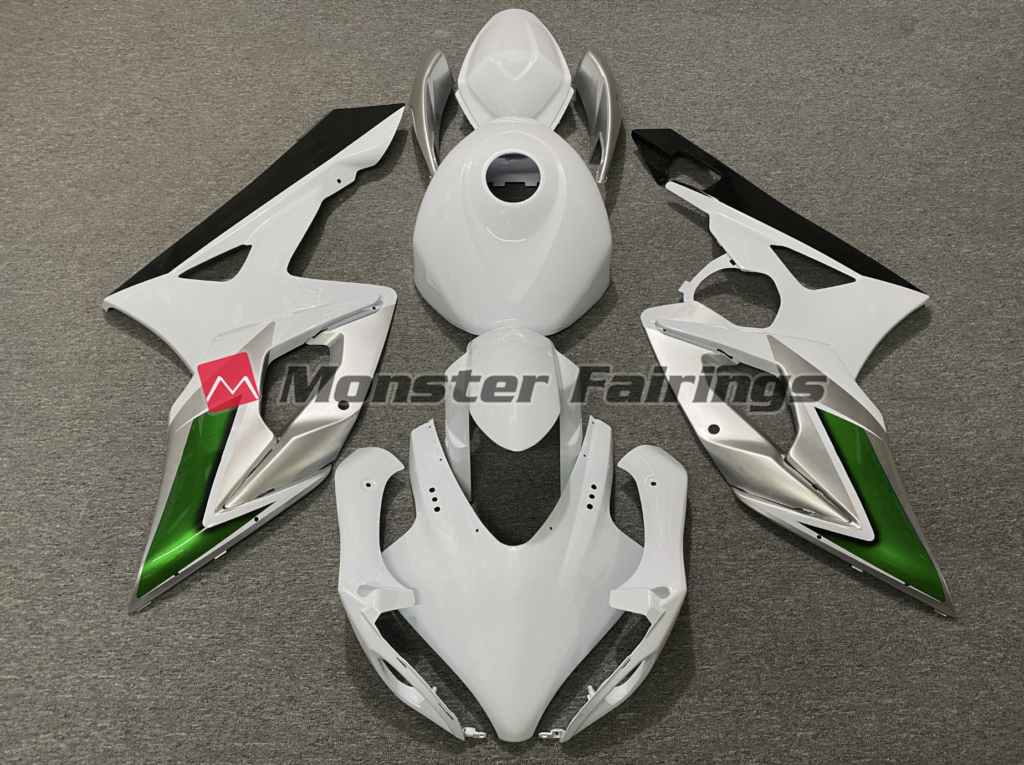 Suzuki GSXR 1000 2005 - 2006 Gloss White Green Silver & Black ABS fairings - custom motorcycle bodywork kit by Monster Fairings