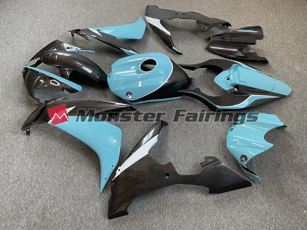2004 - 2006 Yamaha R1 Light Blue Carbon Style fairing set - ABS injection, custom painted by Monster Fairings