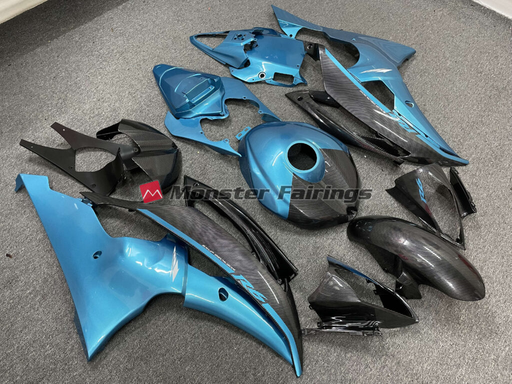 2008 - 2016 Yamaha R6 Carbon Fiber Style Light Blue Lowers fairing set - ABS injection, custom painted by Monster Fairings