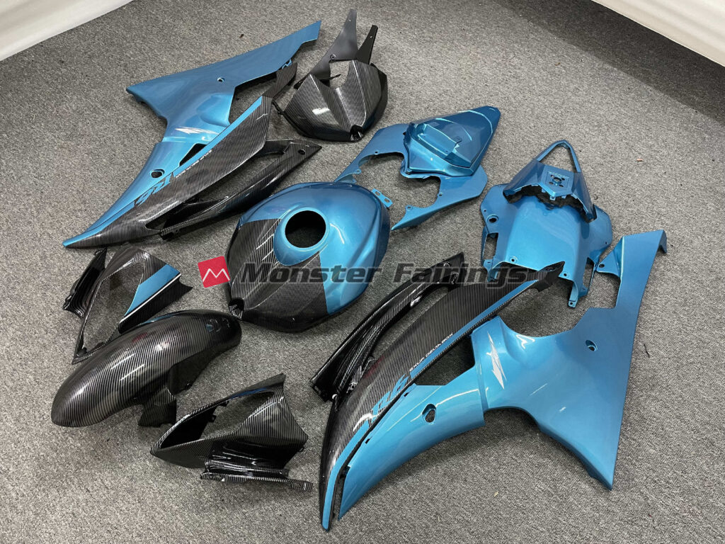 Yamaha R6 custom ABS fairings 2008 - 2016 in Carbon Fiber Style Light Blue Lowers - durable replacement kit, Monster Fairings