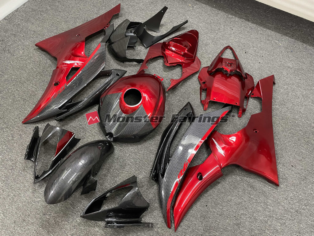 2008 - 2016 Yamaha R6 Carbon Fiber Style Red Lower fairing set - ABS injection, custom painted by Monster Fairings