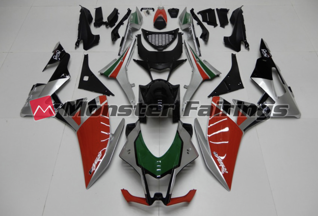 Aprilia RSV4 1000 2016 - 2020 Silver Red Green ABS fairings - custom motorcycle bodywork kit by Monster Fairings