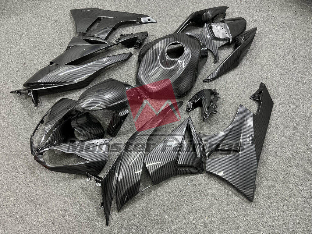 2009 - 2012 Kawasaki ZX6R Gloss Carbon Fiber Style fairing set - ABS injection, custom painted by Monster Fairings