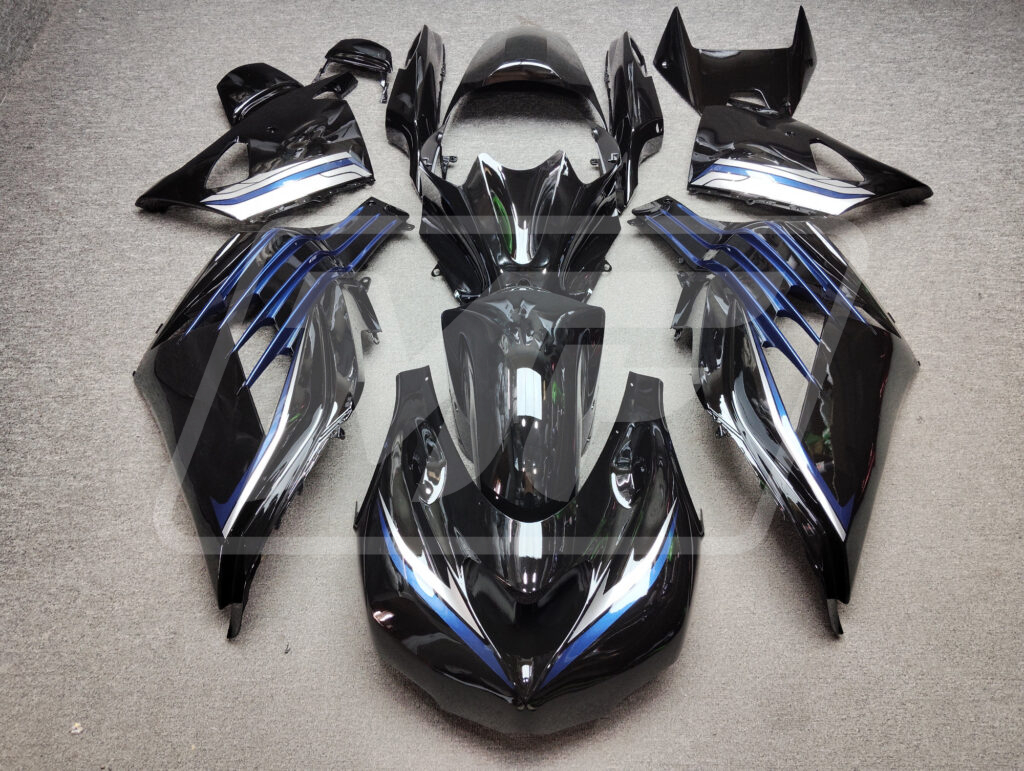Kawasaki ZX14R 2012 - 2024 Gloss Black & Blue Silver Race ABS fairings - custom motorcycle bodywork kit by Monster Fairings