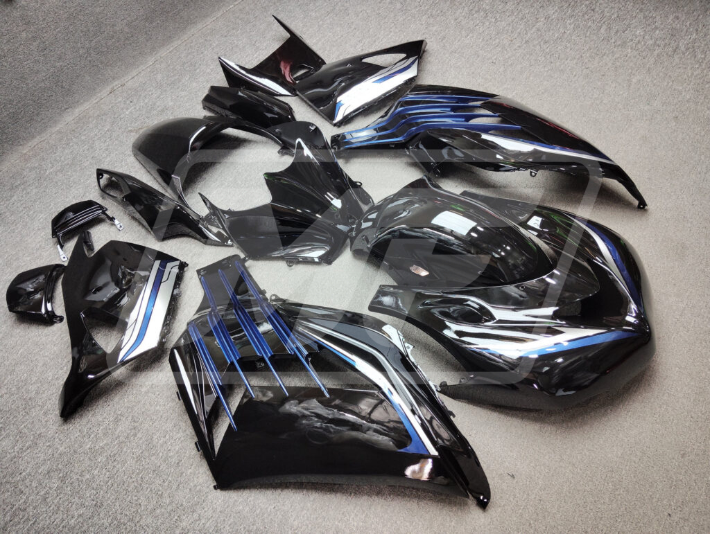 Kawasaki ZX14R custom ABS fairings 2012 - 2024 in Gloss Black & Blue Silver Race - durable replacement kit, Monster Fairings