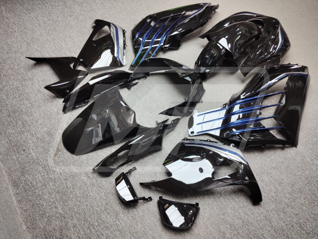 2012 - 2024 Kawasaki ZX14R Gloss Black & Blue Silver Race fairing set - ABS injection, custom painted by Monster Fairings