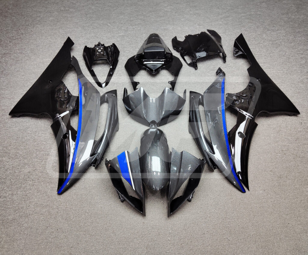 Yamaha R6 2008 - 2016 Gloss Carbon Fiber Style Black & Blue ABS fairings - custom motorcycle bodywork kit by Monster Fairings