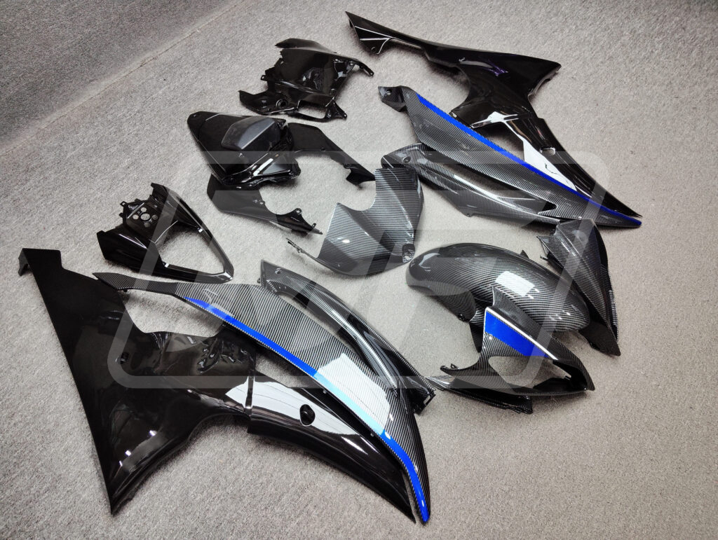 Yamaha R6 custom ABS fairings 2008 - 2016 in Gloss Carbon Fiber Style Black & Blue - durable replacement kit, Monster Fairings