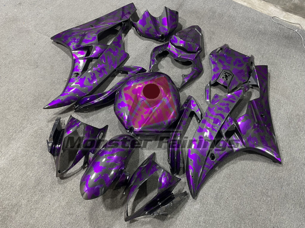 Gloss Carbon Fiber & Purple Camo ABS fairings for Yamaha R6 2006 - 2007 - premium OEM fit kit by Monster Fairings