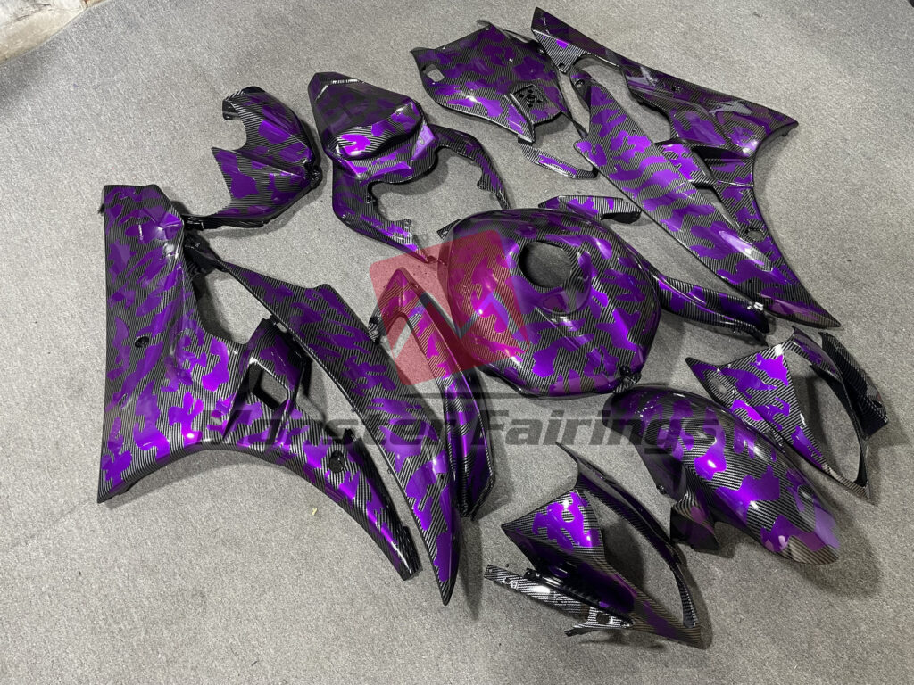 Yamaha R6 custom ABS fairings 2006 - 2007 in Gloss Carbon Fiber & Purple Camo - durable replacement kit, Monster Fairings
