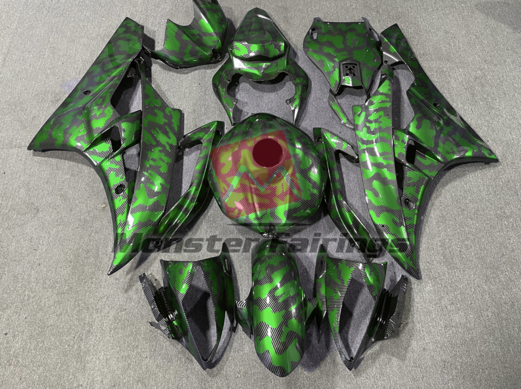 Yamaha R6 2006 - 2007 Gloss Carbon Fiber & Green Camo ABS fairings - custom motorcycle bodywork kit by Monster Fairings
