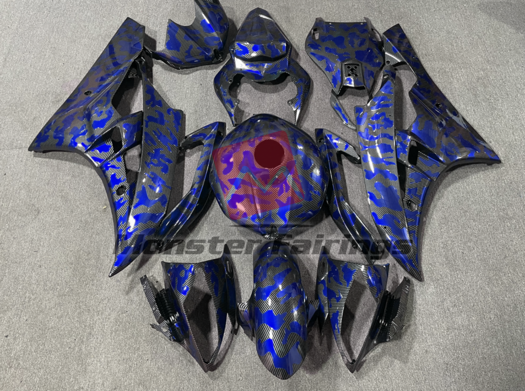 Yamaha R6 2006 - 2007 Gloss Carbon Fiber & Blue Camo ABS fairings - custom motorcycle bodywork kit by Monster Fairings