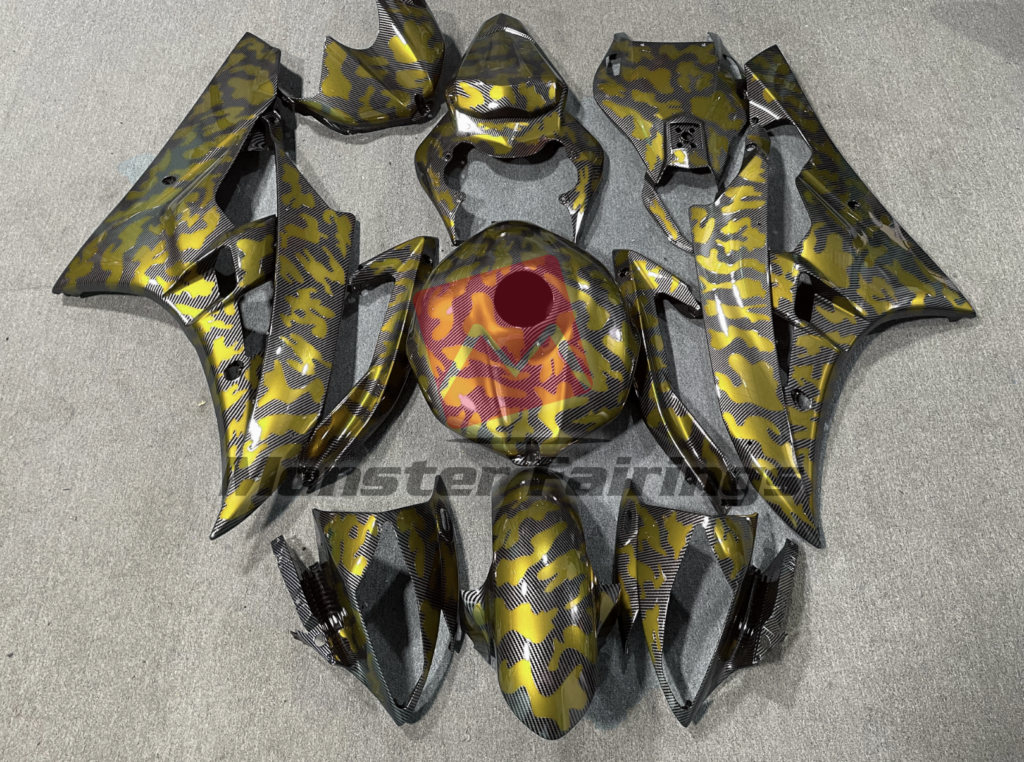Yamaha R6 2006 - 2007 Gloss Carbon Fiber & Gold Camo ABS fairings - custom motorcycle bodywork kit by Monster Fairings