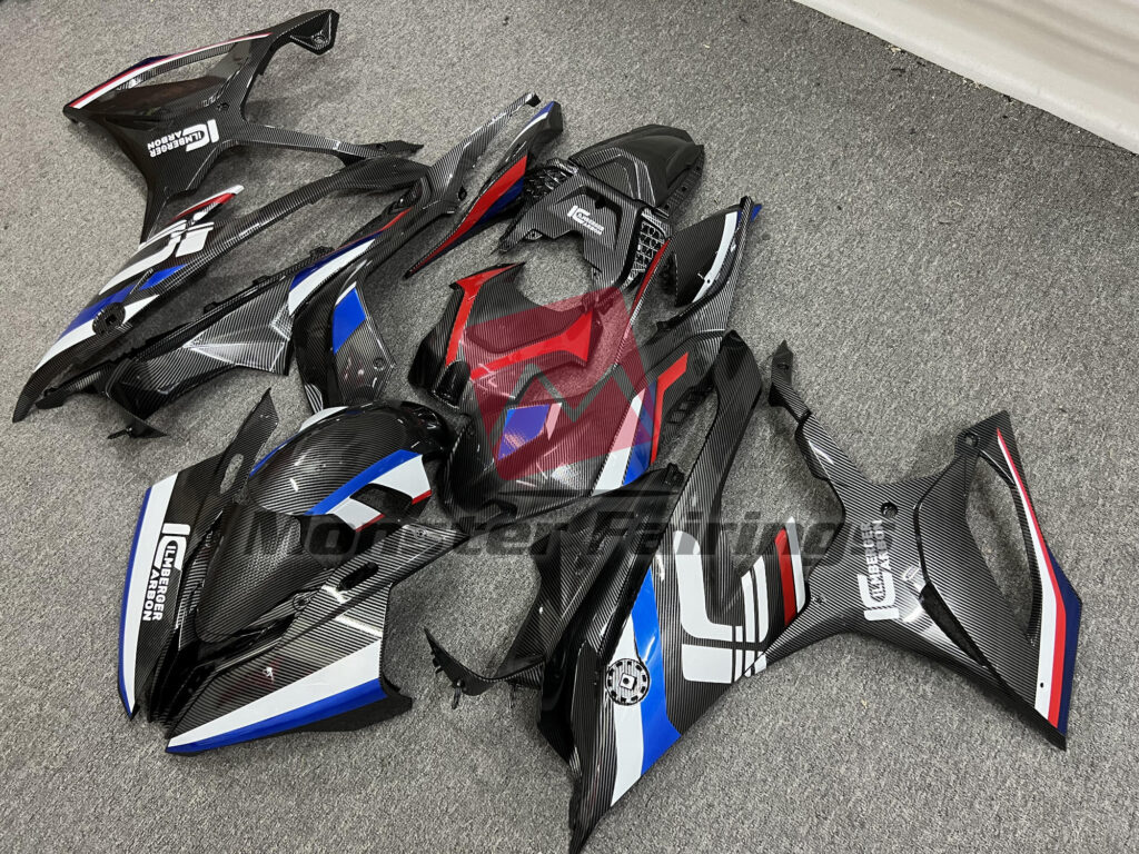 BMW S1000RR custom ABS fairings 2019 - 2022 in Gloss Carbon Fiber Blue Red & White - durable replacement kit, Monster Fairings