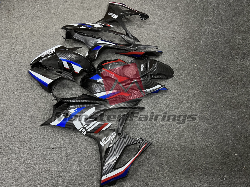 2019 - 2022 BMW S1000RR Gloss Carbon Fiber Blue Red & White fairing set - ABS injection, custom painted by Monster Fairings