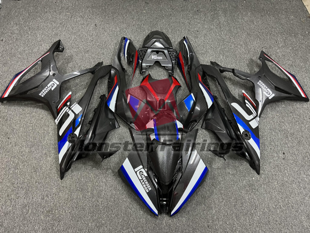 BMW S1000RR 2019 - 2022 Gloss Carbon Fiber Blue Red & White ABS fairings - custom motorcycle bodywork kit by Monster Fairings