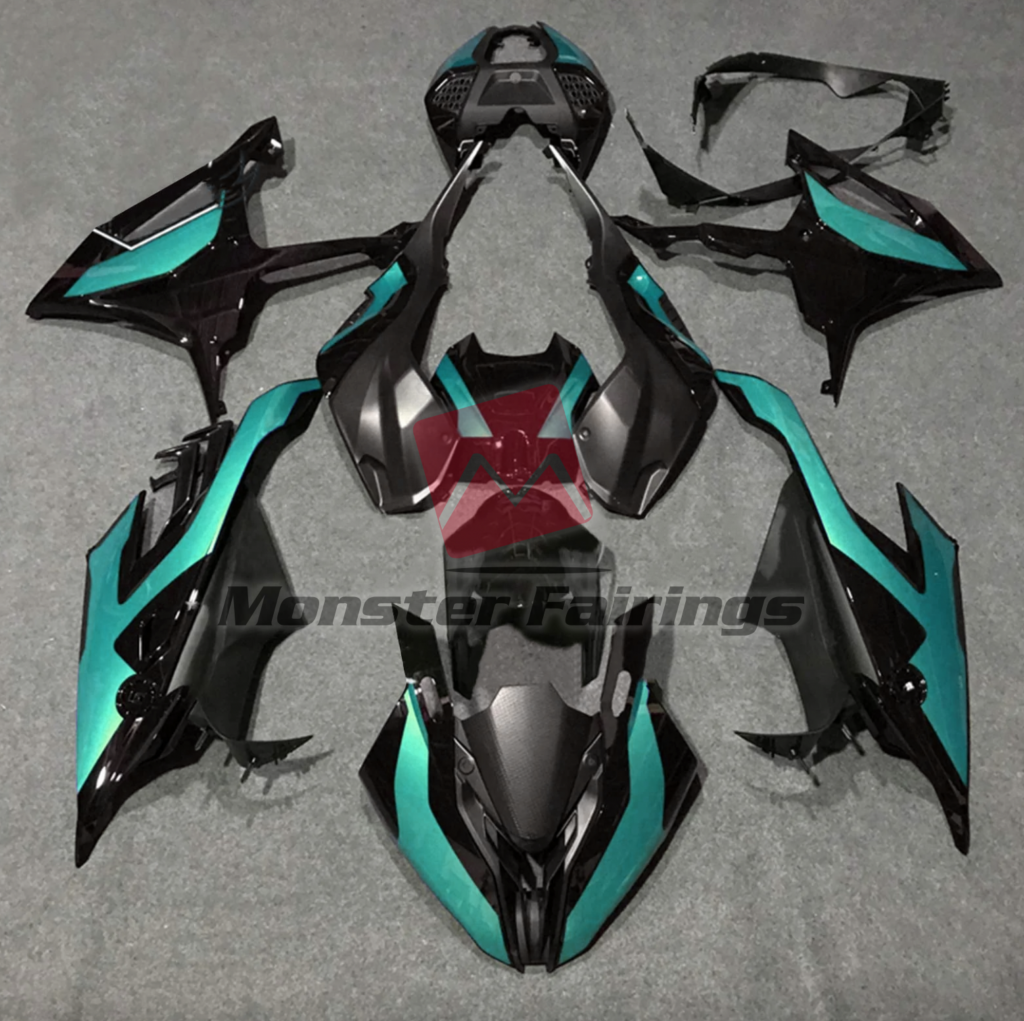 BMW S1000RR 2019 - 2022 Gloss Black Teal ABS fairings - custom motorcycle bodywork kit by Monster Fairings