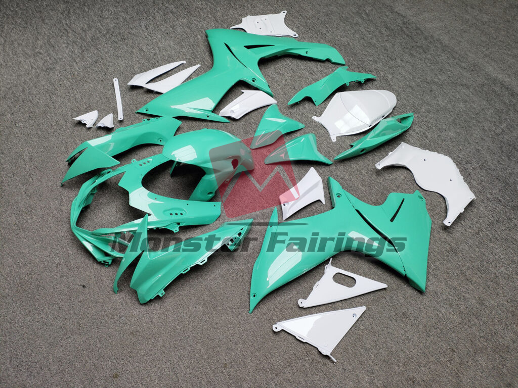 Suzuki GSXR custom ABS fairings 2011 - 2025 in Gloss Teal & and White - durable replacement kit, Monster Fairings