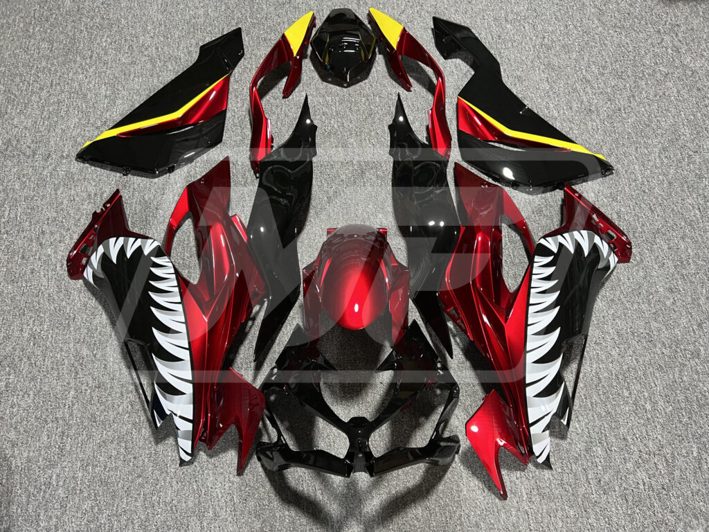 Kawasaki ZX6R 2019 - 2023 Gloss Red & Black Yellow Shark ABS fairings - custom motorcycle bodywork kit by Monster Fairings