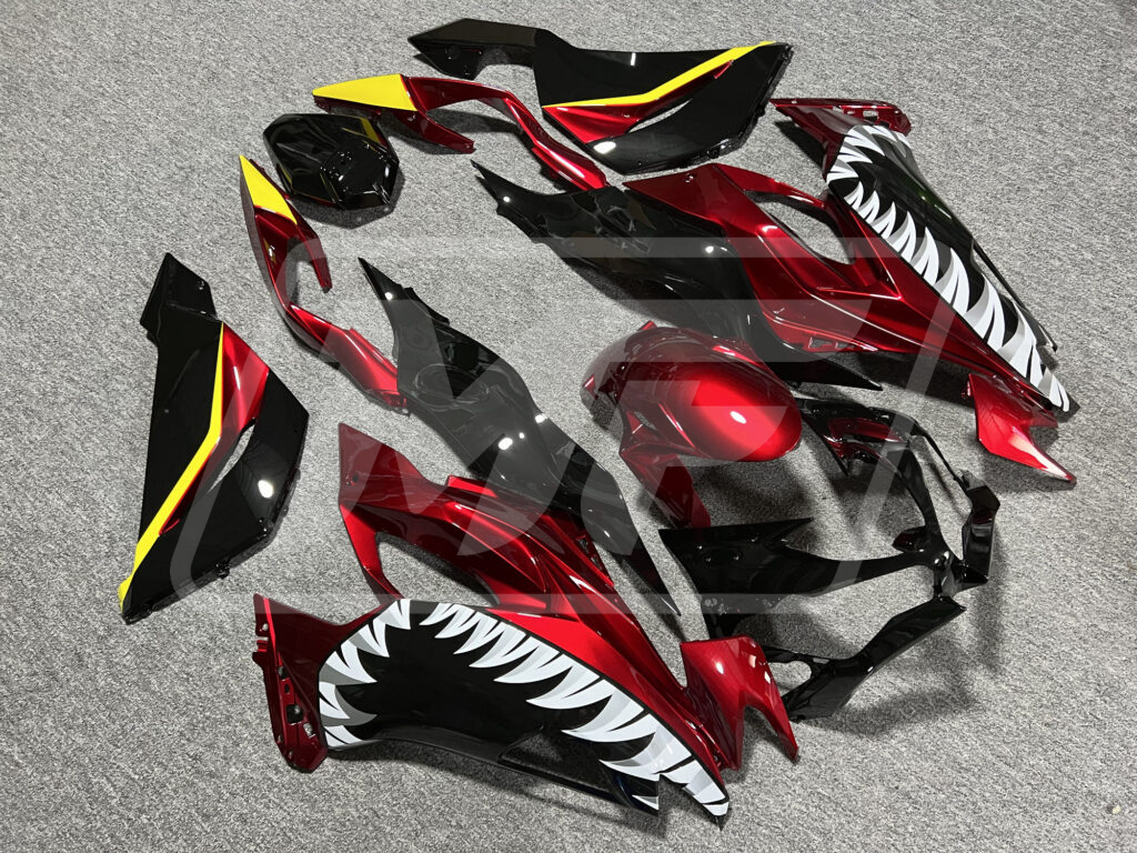 2019 - 2023 Kawasaki ZX6R Gloss Red & Black Yellow Shark fairing set - ABS injection, custom painted by Monster Fairings