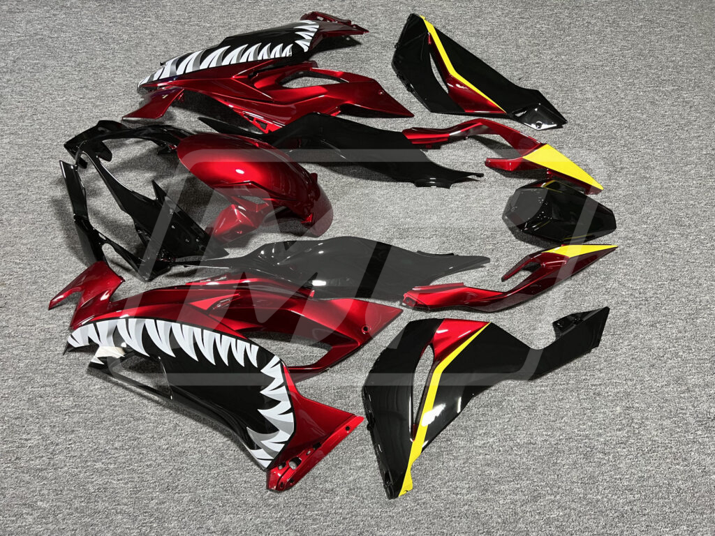 Kawasaki ZX6R custom ABS fairings 2019 - 2023 in Gloss Red & Black Yellow Shark - durable replacement kit, Monster Fairings