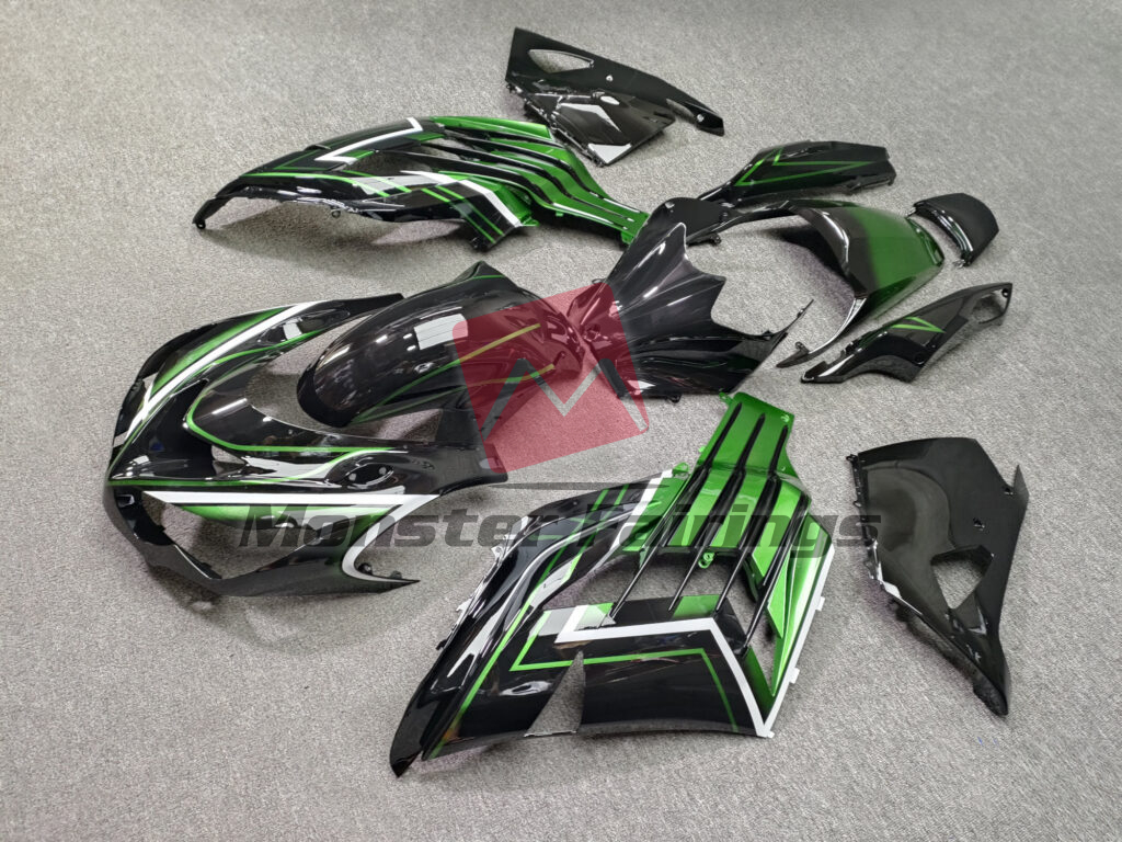Kawasaki ZX14R custom ABS fairings 2012 - 2024 in Gloss Black & Green - durable replacement kit, Monster Fairings