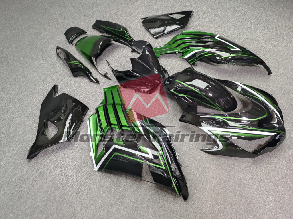2012 - 2024 Kawasaki ZX14R Gloss Black & Green fairing set - ABS injection, custom painted by Monster Fairings
