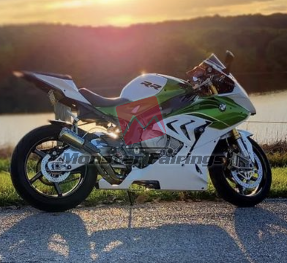 2017 - 2018 BMW S1000RR Gloss White & Green fairing set - ABS injection, custom painted by Monster Fairings