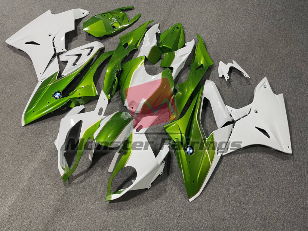 BMW S1000RR custom ABS fairings 2017 - 2018 in Gloss White & Green - durable replacement kit, Monster Fairings