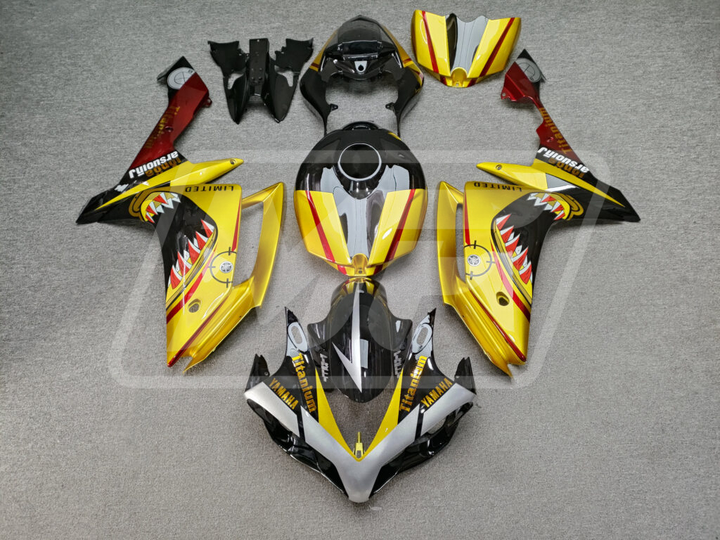 Yamaha R1 2007 - 2008 Gloss Gold & Black Red Shark ABS fairings - custom motorcycle bodywork kit by Monster Fairings