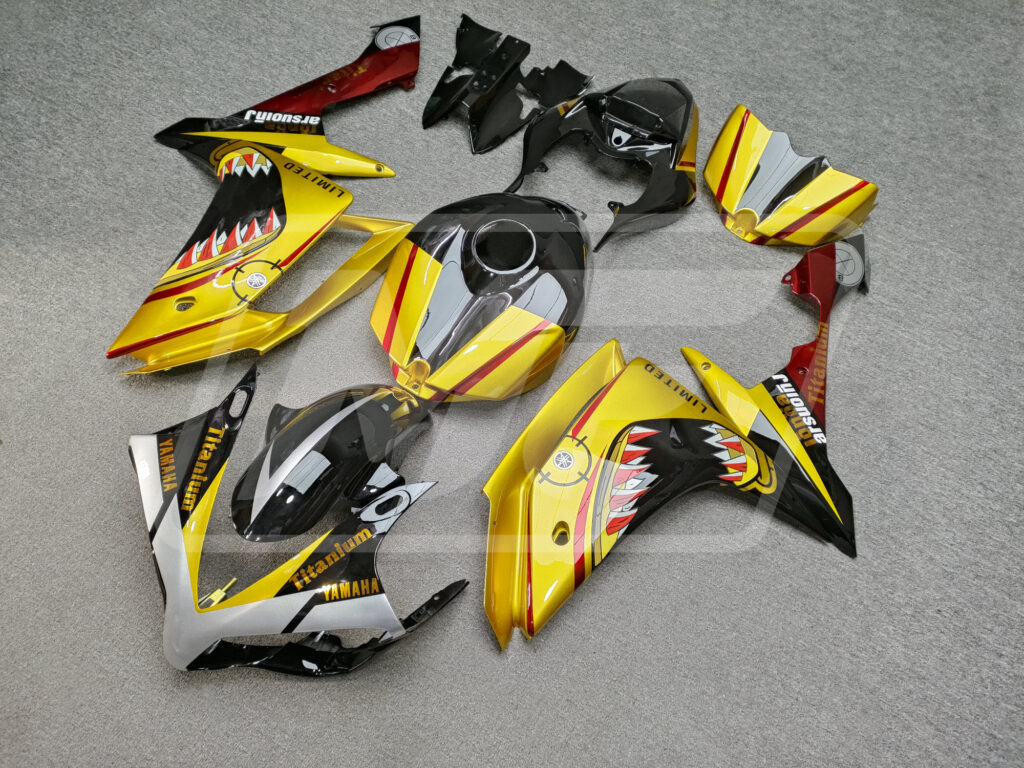 2007 - 2008 Yamaha R1 Gloss Gold & Black Red Shark fairing set - ABS injection, custom painted by Monster Fairings