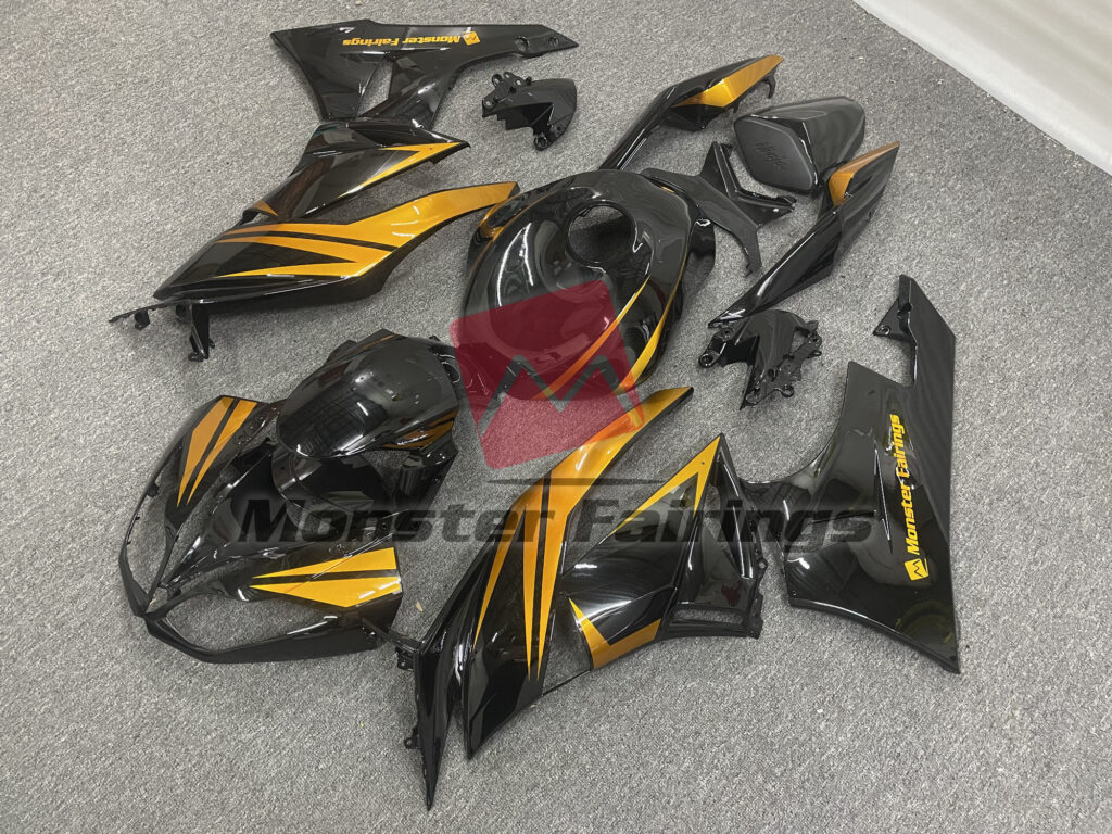 Kawasaki ZX6R custom ABS fairings 2009 - 2012 in Gloss Black and Gold - durable replacement kit, Monster Fairings