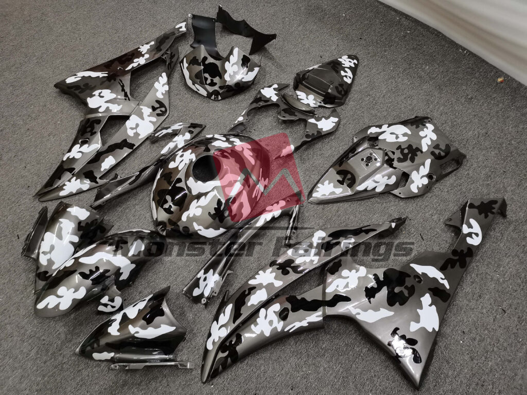 Yamaha R6 custom ABS fairings 2008 - 2016 in Gloss Gray Camo - durable replacement kit, Monster Fairings