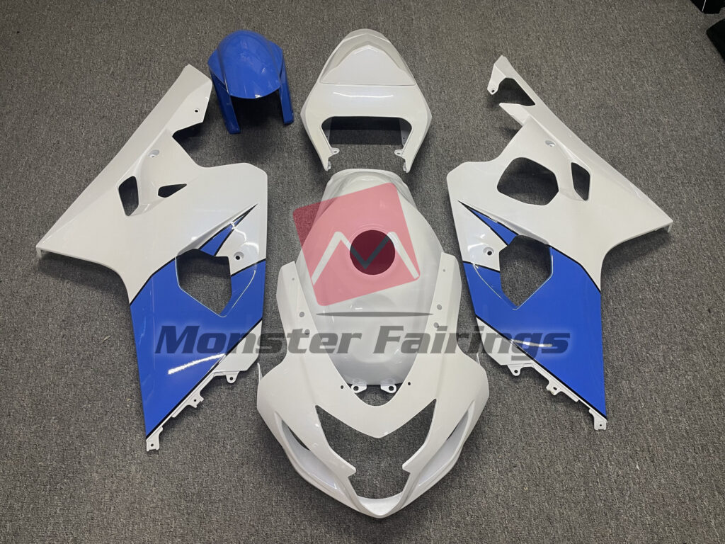 Suzuki GSXR 600 - 750 2004 - 2005 Gloss White Blue ABS fairings - custom motorcycle bodywork kit by Monster Fairings