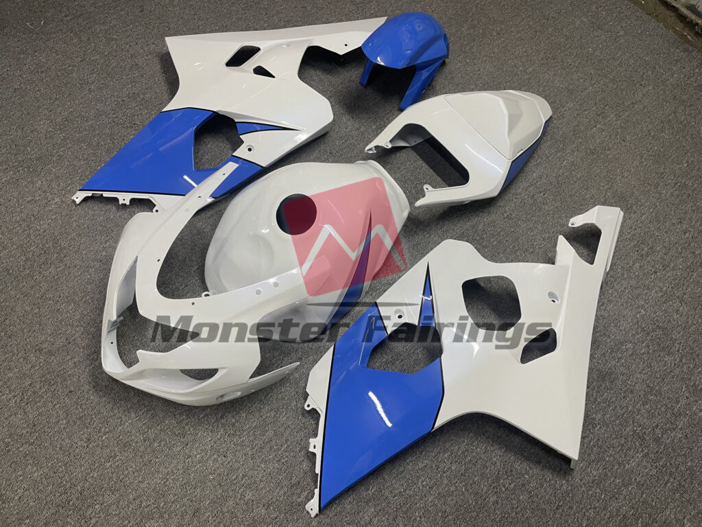 Suzuki GSXR 600 - 750 custom ABS fairings 2004 - 2005 in Gloss White Blue - durable replacement kit, Monster Fairings