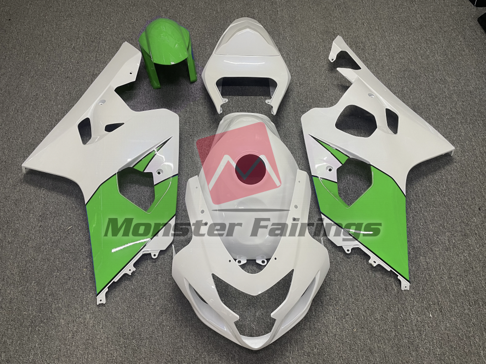 Suzuki GSXR 600 - 750 2004 - 2005 Gloss White Green ABS fairings - custom motorcycle bodywork kit by Monster Fairings