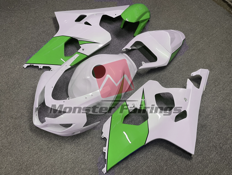 Suzuki GSXR 600 - 750 custom ABS fairings 2004 - 2005 in Gloss White Green - durable replacement kit, Monster Fairings