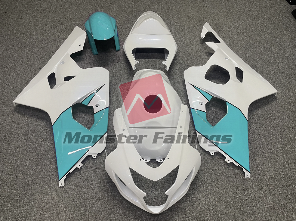 Suzuki GSXR 600 - 750 2004 - 2005 Gloss White Light Blue ABS fairings - custom motorcycle bodywork kit by Monster Fairings